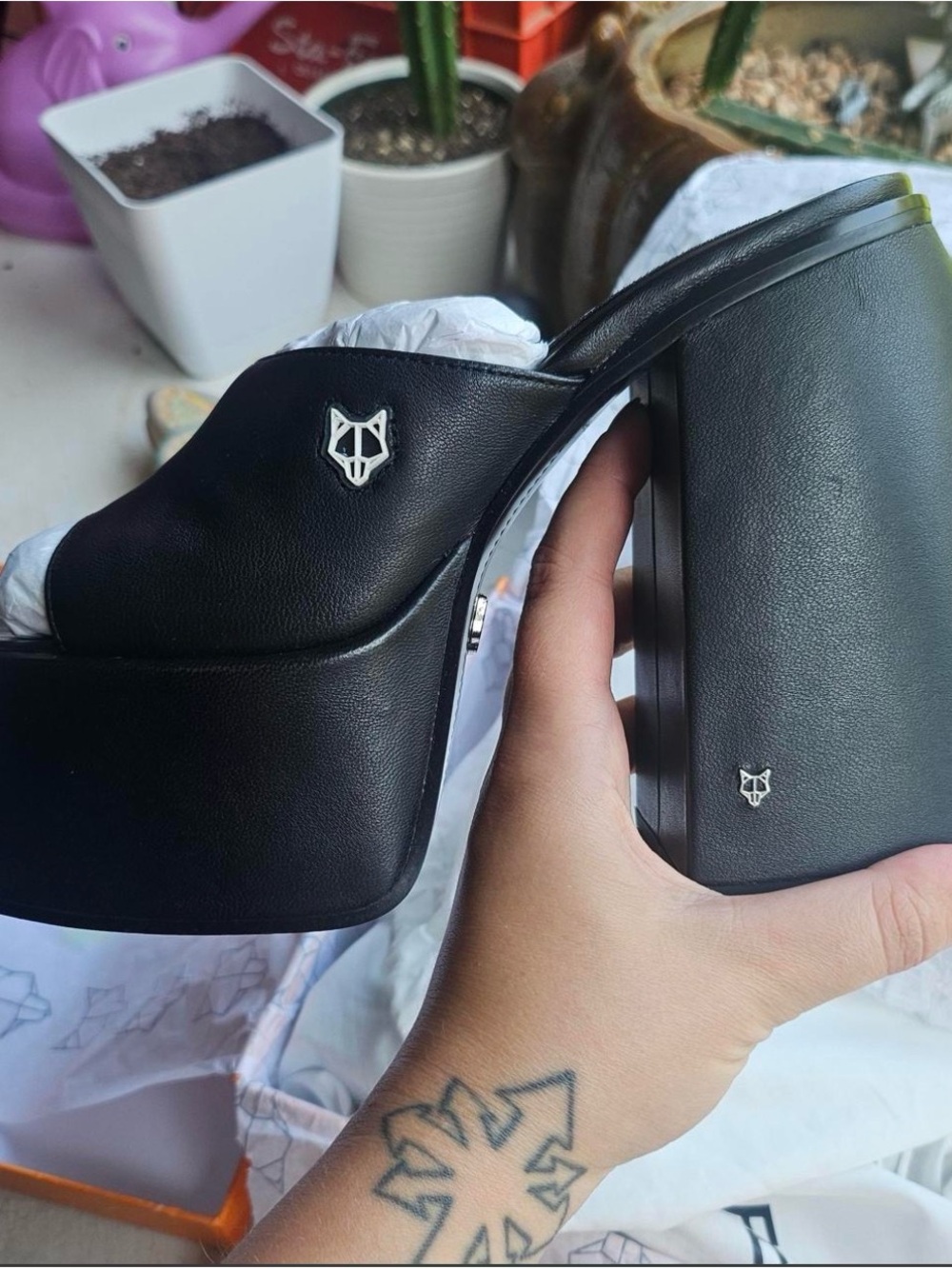 Naked Wolfe Black Platform Mule Sandals with Silver Fox Accent